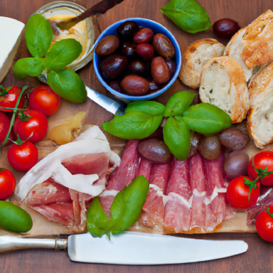 A spread of fresh tomatoes, olives, cured meats, cheese, bread, and basil.